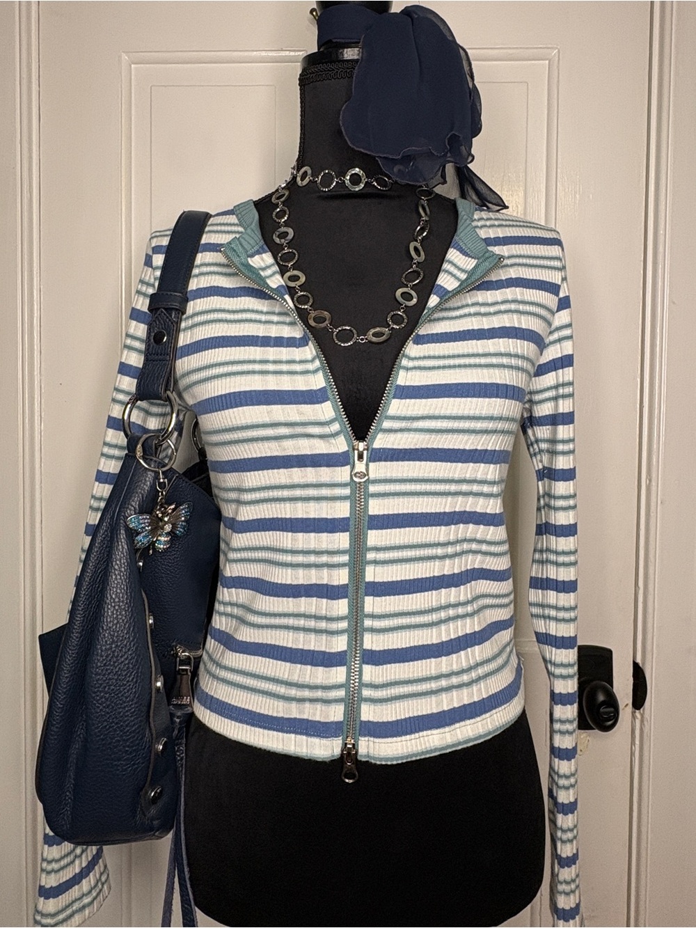 Blue and White Double Zipper Top
